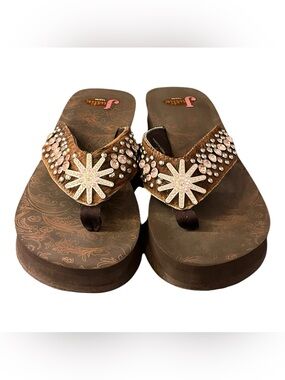 Justin Boots Brown Jeweled Floral Platform Sandals